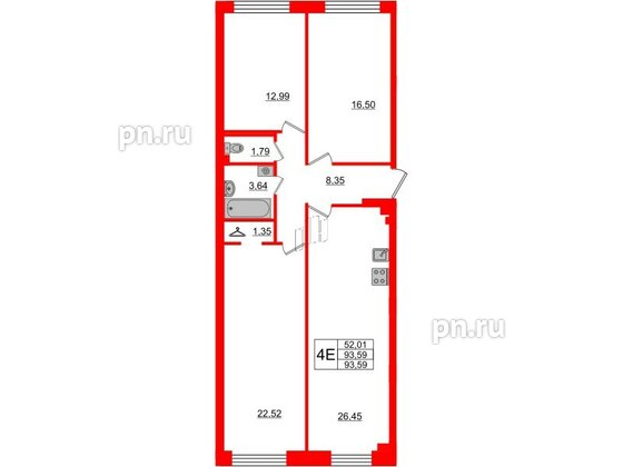 Квартира в ЖК Neva Residence, 3 комнатная, 93.59 м², 2 этаж