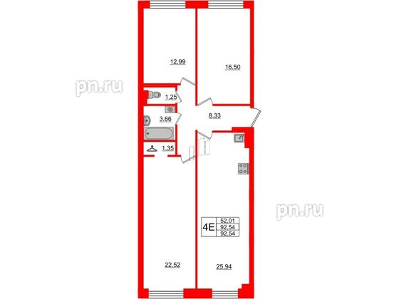 Квартира в ЖК Neva Residence, 3 комнатная, 92.54 м², 3 этаж