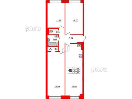 Квартира в ЖК Neva Residence, 3 комнатная, 92.51 м², 4 этаж