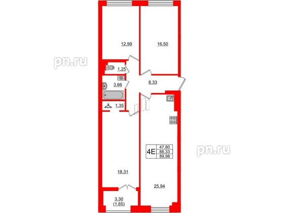 Квартира в ЖК Neva Residence, 3 комнатная, 89.98 м², 6 этаж