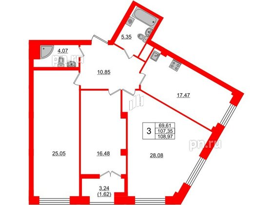 Квартира в ЖК Neva Residence, 3 комнатная, 108.97 м², 5 этаж