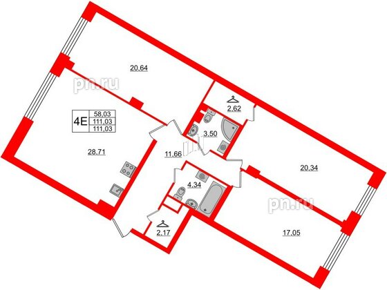 Квартира в ЖК Neva Residence, 3 комнатная, 111.03 м², 3 этаж