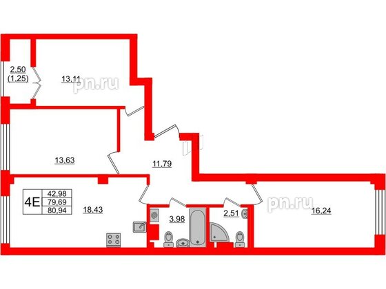 Квартира в ЖК Neva Residence, 3 комнатная, 80.6 м², 6 этаж
