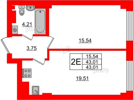 Квартира в ЖК Neva Residence, 1 комнатная, 43.01 м², 4 этаж