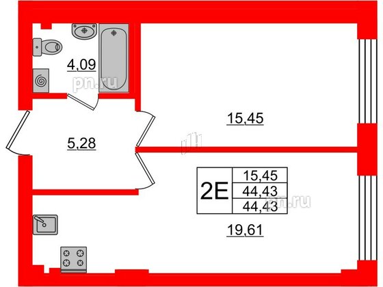 Квартира в ЖК Neva Residence, 1 комнатная, 44.43 м², 1 этаж