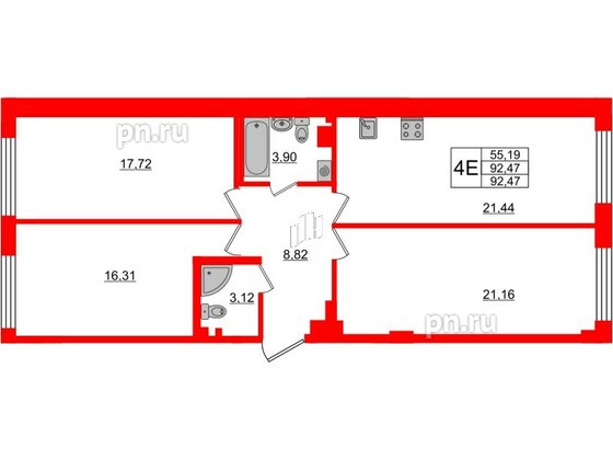 Квартира в ЖК Neva Residence, 3 комнатная, 92.47 м², 2 этаж