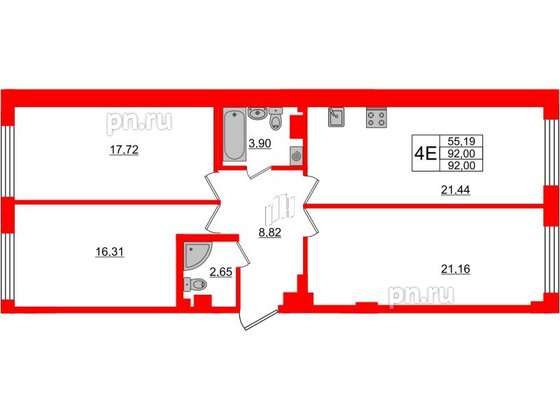 Квартира в ЖК Neva Residence, 3 комнатная, 92.4 м², 3 этаж