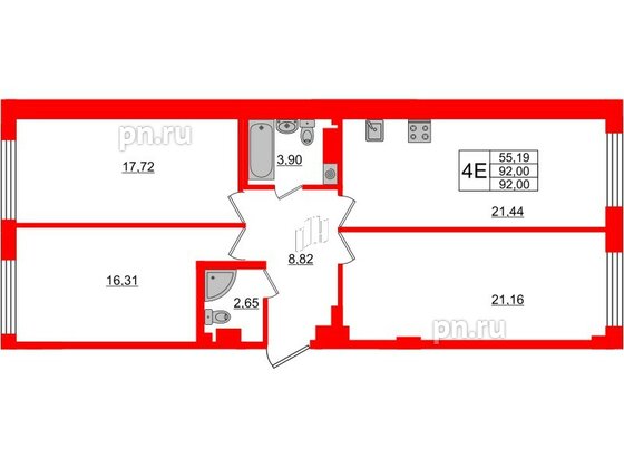 Квартира в ЖК Neva Residence, 3 комнатная, 92.6 м², 4 этаж