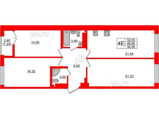 Квартира в ЖК Neva Residence, 3 комнатная, 90.06 м², 7 этаж