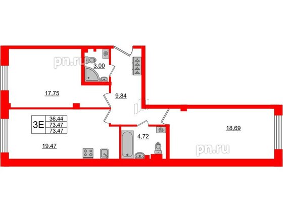 Квартира в ЖК Neva Residence, 2 комнатная, 74.2 м², 2 этаж