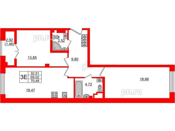 Квартира в ЖК Neva Residence, 2 комнатная, 70.48 м², 7 этаж