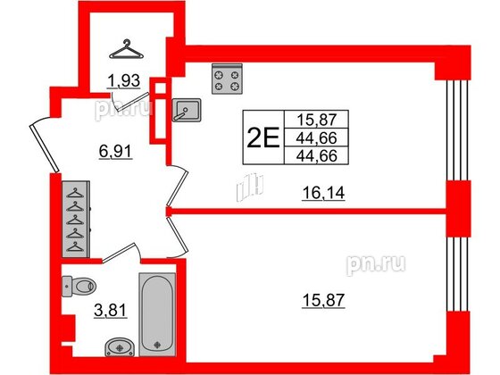 Квартира в ЖК Neva Residence, 1 комнатная, 44.66 м², 3 этаж