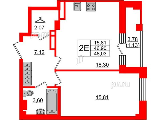 Квартира в ЖК Neva Residence, 1 комнатная, 48.03 м², 4 этаж