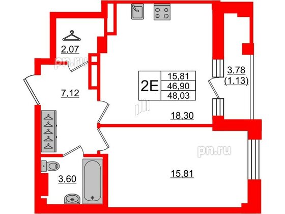 Квартира в ЖК Neva Residence, 1 комнатная, 48.03 м², 5 этаж