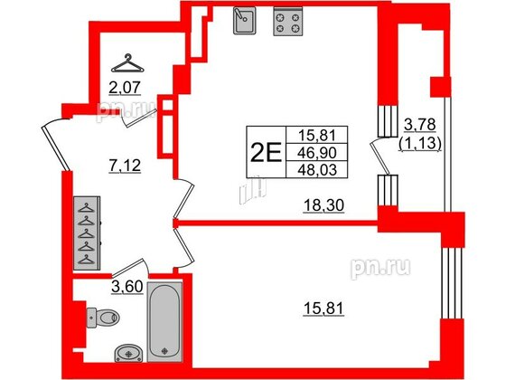 Квартира в ЖК Neva Residence, 1 комнатная, 48.03 м², 6 этаж