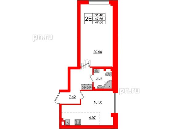 Квартира в ЖК Neva Residence, 1 комнатная, 48.4 м², 2 этаж