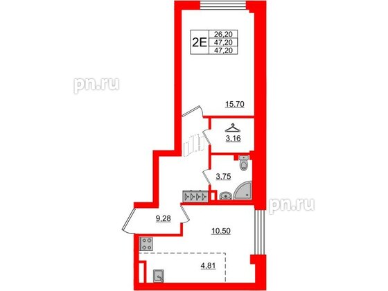 Квартира в ЖК Neva Residence, 1 комнатная, 47.2 м², 3 этаж