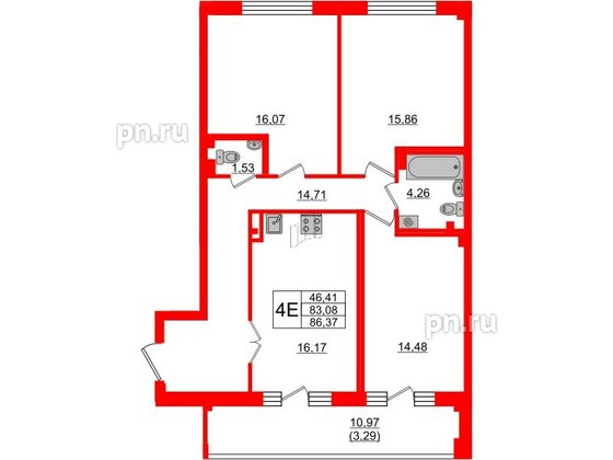 Квартира в ЖК Neva Residence, 3 комнатная, 86.37 м², 5 этаж