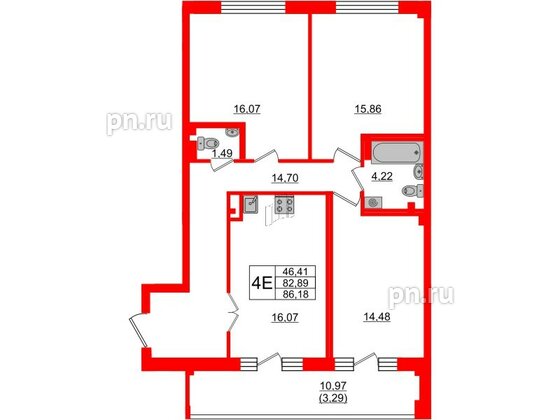 Квартира в ЖК Neva Residence, 3 комнатная, 86.18 м², 6 этаж