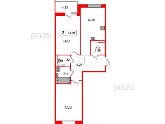 Квартира в ЖК Янила Клаб, 2 комнатная, 63.8 м², 6 этаж