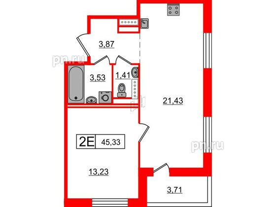 Квартира в ЖК Янила Клаб, 1 комнатная, 45.3 м², 3 этаж