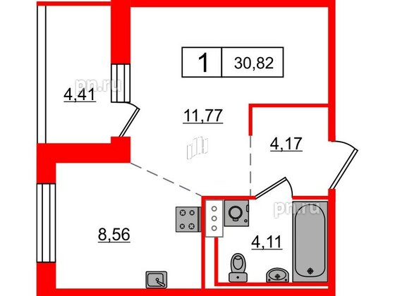 Квартира в ЖК Янила Клаб, студия, 30.6 м², 7 этаж