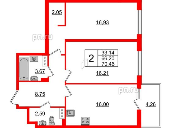 Квартира в ЖК «Черная Речка», 2 комнатная, 66.2 м², 12 этаж