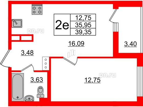 Квартира в ЖК «Черная Речка», 1 комнатная, 35.95 м², 14 этаж