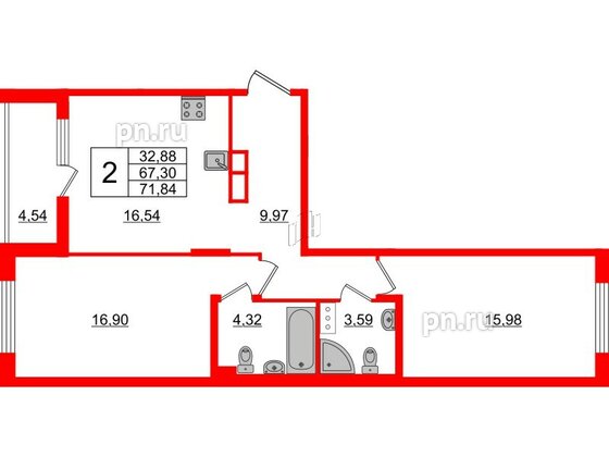 Квартира в ЖК «Черная Речка», 2 комнатная, 67.3 м², 12 этаж