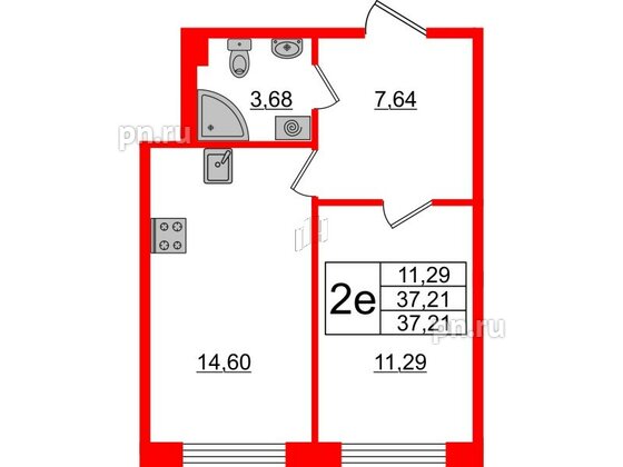 Квартира в ЖК «Черная Речка», 1 комнатная, 37.21 м², 1 этаж