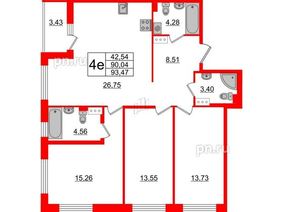 Квартира в ЖК «Черная Речка», 3 комнатная, 90.04 м², 12 этаж