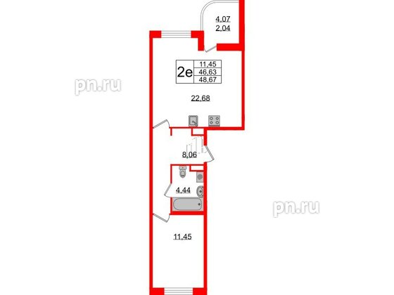 Квартира в ЖК Энфилд, 1 комнатная, 48.67 м², 2 этаж