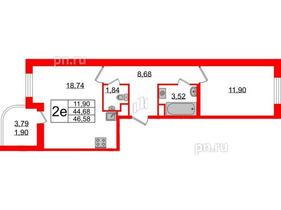 Квартира в ЖК Энфилд, 1 комнатная, 46.58 м², 2 этаж