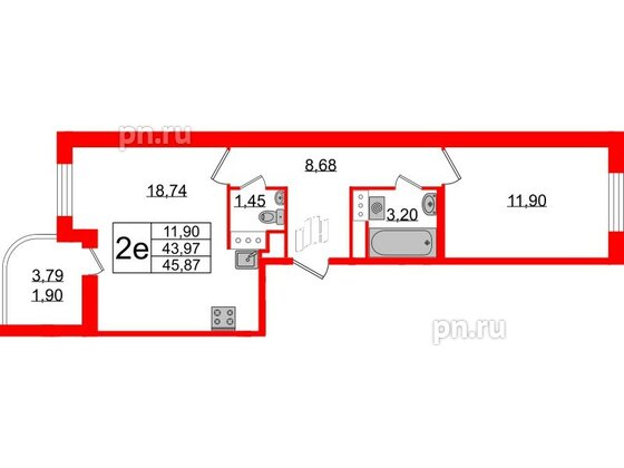 Квартира в ЖК Энфилд, 1 комнатная, 45.87 м², 3 этаж