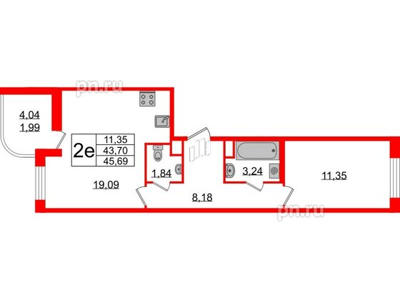 Квартира в ЖК Энфилд, 1 комнатная, 45.69 м², 1 этаж