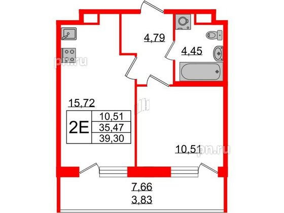 Квартира в ЖК Энфилд, 1 комнатная, 39.3 м², 1 этаж