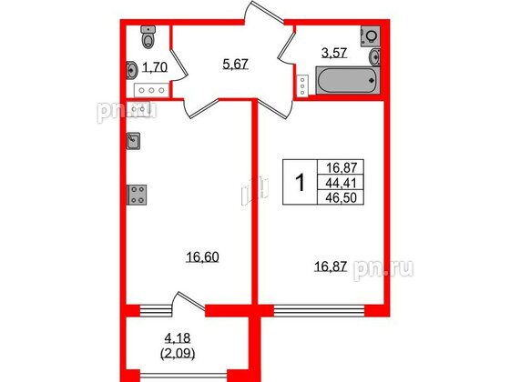 Квартира в ЖК 'Фамилия', 1 комнатная, 46.5 м², 5 этаж