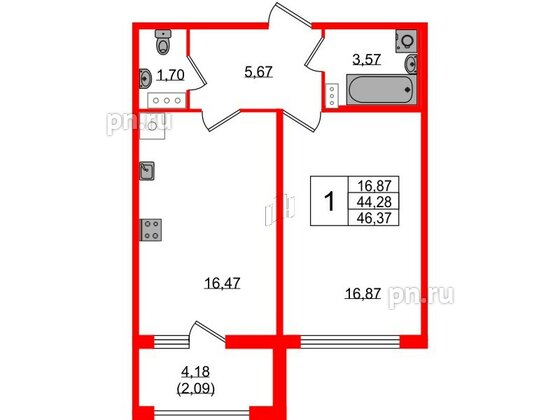 Квартира в ЖК 'Фамилия', 1 комнатная, 46.37 м², 7 этаж