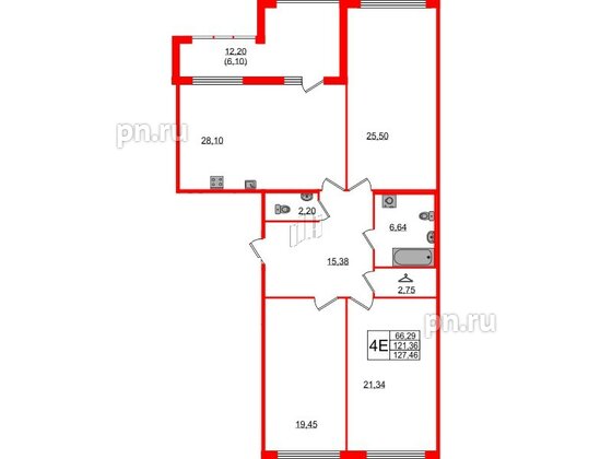 Квартира в ЖК 'Фамилия', 3 комнатная, 127.46 м², 2 этаж