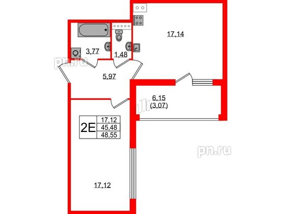 Квартира в ЖК 'Фамилия', 1 комнатная, 48.55 м², 7 этаж