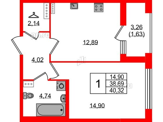 Квартира в ЖК 'Фамилия', 1 комнатная, 40.32 м², 5 этаж