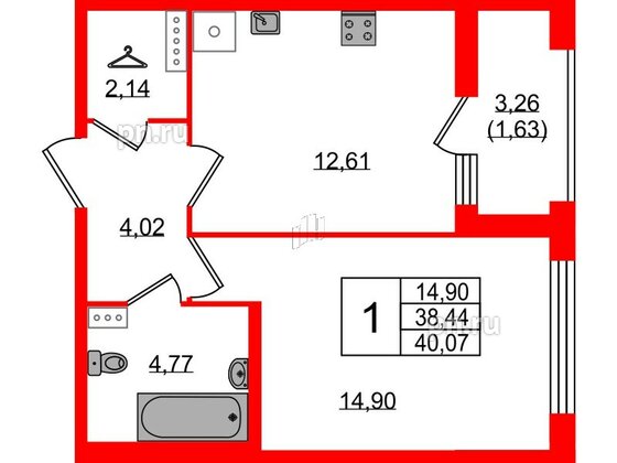 Квартира в ЖК 'Фамилия', 1 комнатная, 40.07 м², 8 этаж