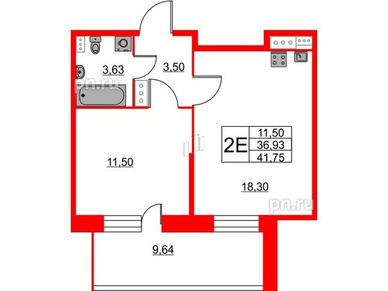 Квартира в ЖК Аквилон Stories, 1 комнатная, 41.6 м², 3 этаж