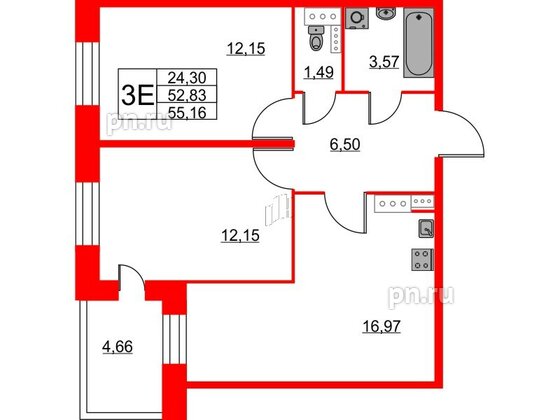 Квартира в ЖК Аквилон Stories, 2 комнатная, 55.1 м², 7 этаж