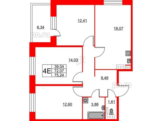 Квартира в ЖК Аквилон Stories, 3 комнатная, 74.8 м², 11 этаж