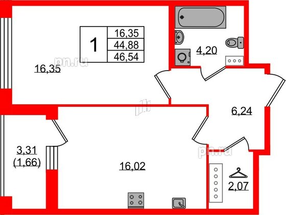 Квартира в ЖК 'Фамилия', 1 комнатная, 46.54 м², 6 этаж