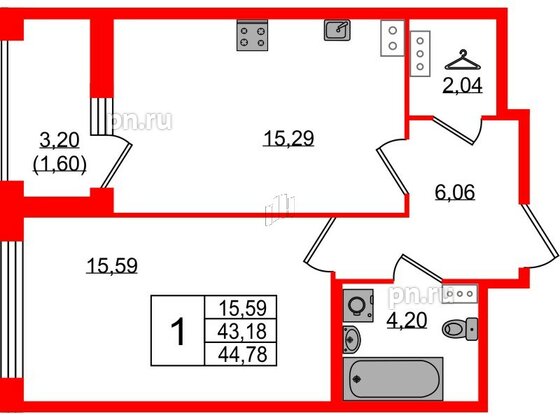 Квартира в ЖК 'Фамилия', 1 комнатная, 44.78 м², 6 этаж