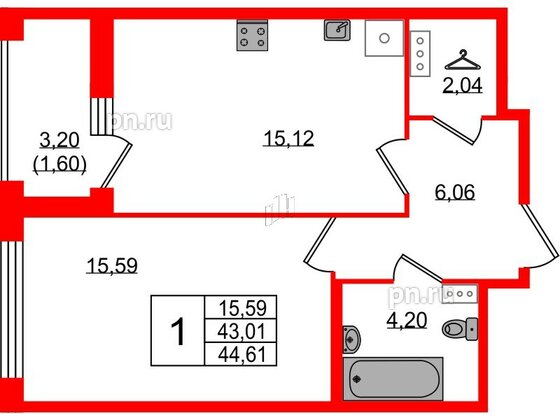 Квартира в ЖК 'Фамилия', 1 комнатная, 44.61 м², 8 этаж