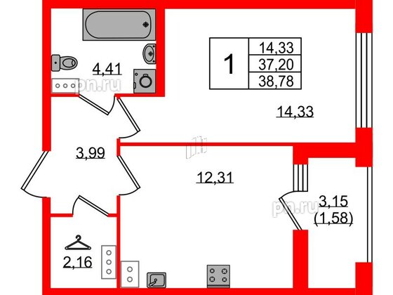 Квартира в ЖК 'Фамилия', 1 комнатная, 38.78 м², 6 этаж