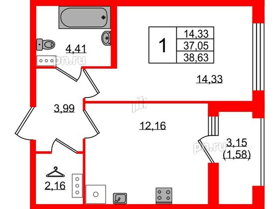 Квартира в ЖК 'Фамилия', 1 комнатная, 38.63 м², 8 этаж